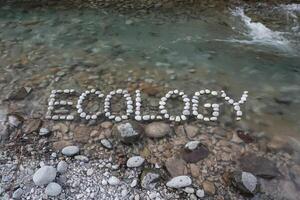 Natural river scene with stones spelling 'ECOLOGY' in clear water. photo