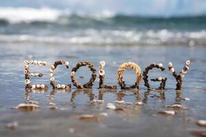 Shells and debris spell 'Ecology' on a beach shore near the ocean. photo