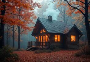 Cozy log cabin in a foggy autumn forest with glowing lights and vibrant fall foliage. photo