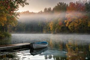 A serene lake with a boat and autumn foliage during a misty morning. photo