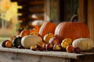 Colorful pumpkins and gourds displayed on a rustic wooden table outdoors. photo