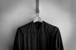 Black academic graduation gown hanging on a hook. photo