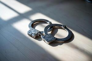 Close-up of metal handcuffs casting shadows on a wooden surface. photo