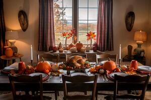 Festive Thanksgiving table set with autumn decorations and roast turkey. photo