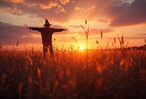 A scarecrow standing in a golden field at sunset, silhouetted against the sky. photo