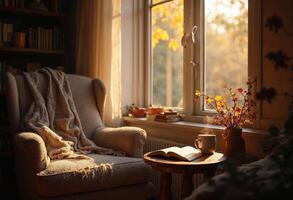 Cozy reading nook with armchair, book, and warm fall sunlight. photo