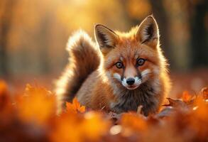 A red fox stands among autumn leaves in a sunlit forest setting. photo