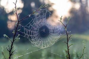 Morning dew on a spider web between two branches in a foggy forest. photo