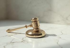 Golden judge's gavel and sound block on a marble surface. photo