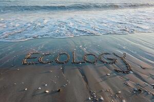 Word 'ecology' written on a sandy beach with gentle ocean waves. photo