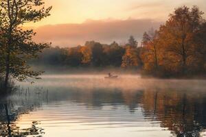 A lone fisherman in a boat amidst autumn hues during a misty sunrise. photo