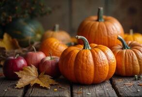 Fresh pumpkins and apples arranged on a rustic wooden table. photo