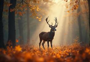 Majestic stag in a misty autumn forest under golden sunlight. photo