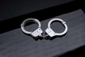 Close-up of shiny handcuffs on a reflective black surface. photo