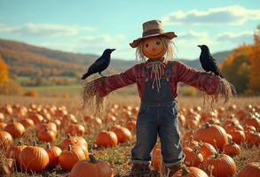 A scarecrow with crows sits in a pumpkin field on a sunny autumn day. photo
