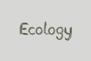 The word 'Ecology' spelled out with green leaves on a neutral background. photo
