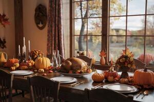 Elegant Thanksgiving table setting with autumn decorations and roasted turkey. photo