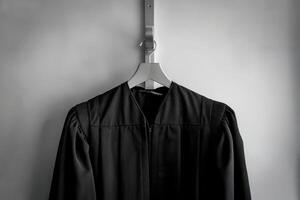 Black judge's robe hanging on a gray wall photo