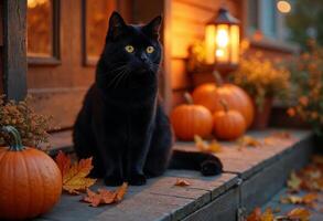 Black cat sits on porch with pumpkins and autumn leaves around. photo