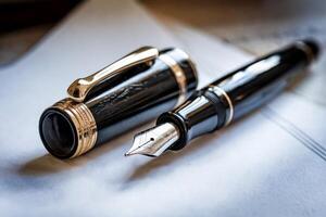 Elegant black fountain pen with gold accents on a white sheet of paper. photo