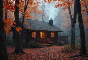 Cozy log cabin in an enchanting autumn forest with smoke rising from the chimney. photo