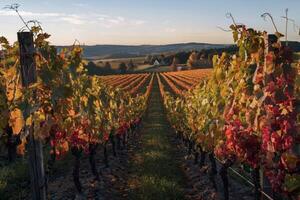 Scenic autumn vineyard landscape during sunset with colorful grapevines. photo