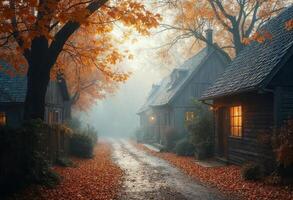 Quaint autumn village with fog and colorful leaves lining the path. photo