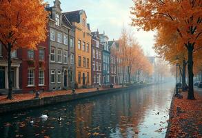 Historic canal with colorful houses and fall foliage on a misty morning. photo