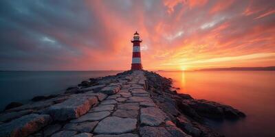 Lighthouse standing tall during a vibrant sunset over a rocky shoreline. photo