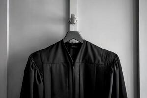 Black judge's robe hanging on a hook against a light gray wall. photo