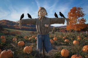 Scarecrow in a pumpkin patch with crows, autumn colors, and rolling hills. photo
