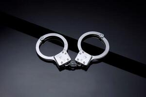 A pair of silver handcuffs placed on a black reflective surface. photo