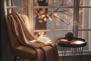 Cozy reading nook by a window with autumn leaves outside. photo