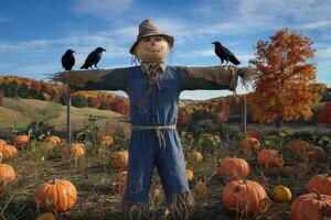 Scarecrow in a pumpkin patch with crows perched on its arms. photo
