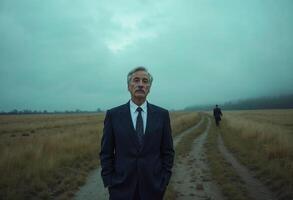 Older man in a suit standing in a foggy field, another figure in the distance. photo