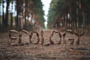 Leaves spell 'ECOLOGY' on the forest floor in a tranquil pine forest. photo