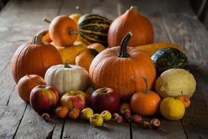 A rustic autumn display of pumpkins, gourds, and apples on a wooden table. photo