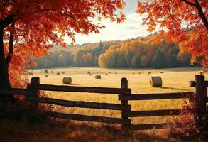 Autumn landscape with hay bales in a field, framed by red foliage and a fence. photo