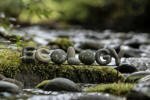 Stone letters spelling 'Ecology' on a mossy surface by a flowing river. photo