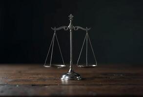 A balanced scale on a wooden surface against a dark background. photo