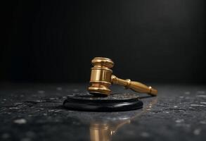 Close-up of a golden gavel on a dark, reflective surface. photo