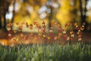 Autumn leaves arranged to spell 'OCTOBER' on a sunny fall day. photo