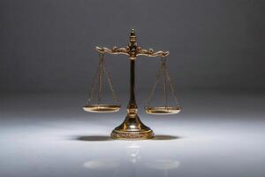 Golden balance scale on a reflective surface under studio lighting. photo