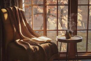 Cozy corner with a book and coffee near a window during autumn. photo