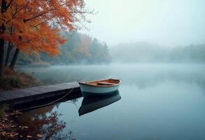 A serene lake with a small boat tied to a wooden dock in misty autumn morning. photo