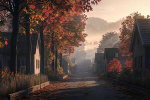 Serene autumn morning in a quaint village with vibrant foliage and mist. photo