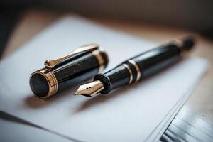 Elegant black fountain pen with gold accents on a stack of white papers. photo