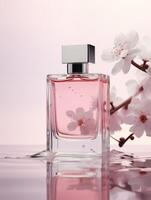 Front view, rectangular perfume bottle mockup, Clean, simple design with pink liquid, water splash, and pink plum blossom accent. Elevate your brand with sophistication. photo