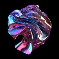 Metallic 3D of abstract silk flowing futuristic cyberpunk hyper realism detailed isolated colorful metallic reflective holographic flow silk iridescence isolated on black background. photo