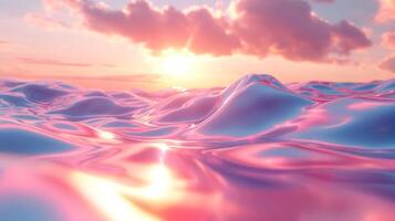 3D abstract silk cloth floating in pastel sunset landscape. Futuristic cyberpunk hyper realism details reflective holographic flow silk. peaceful calm background concept. photo